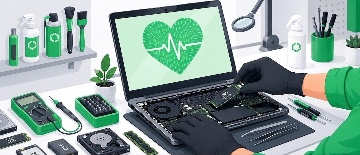 Technicien PC en forme remplaçant un SSD sur un ordinateur portable ouvert, entouré des outils de l’atelier : multimètre, tournevis de précision, disques durs, barrettes de mémoire et produits de nettoyage.